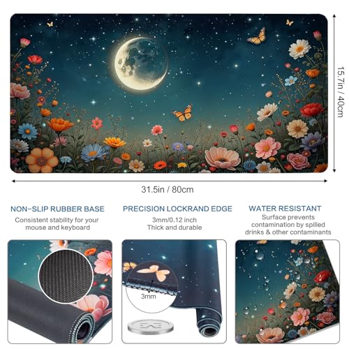 Vimorco Waterproof Desk Pad,XXL Large Mouse Extended Gaming Mousepad with Anti-Slip Rubber Base,Computer Laptop Keyboard Mouse Mat for Women Girls Work,Game,Office,31.5 x 15.7 inch,Black Moon Flowers - color: Black Moon Flowers