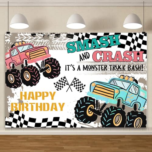 YongFoto Truck Racing Theme Happy Birthday Backdrop 7x5ft Smash and Crash It's a Monster Truck Bash Photography Background Boy Kids Birthday Party Banner Cake Table Decor Portraits Photoshoot - color: Style 3, size: 7x5ft