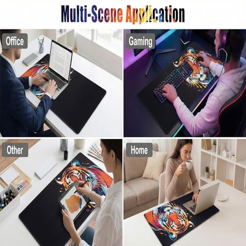 Jeffbaubl Tiger Gaming Mouse Pad, 35.4 x 15.7 Inch Large Extended Desk Mat, Gaming Mousepad, Keyboard Pad Stitched Edges Non-Slip Rubber Base, Waterproof Desk Mat for Office Computer Home Work