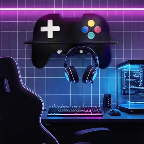Game Room Decor Gaming Floating Shelf, Controller Wall Shelf with Hooks | Controller shaped wall shelf with hooks for headset, gamepad and collectibles; upgrades gaming setups with stylish storage - color: Black