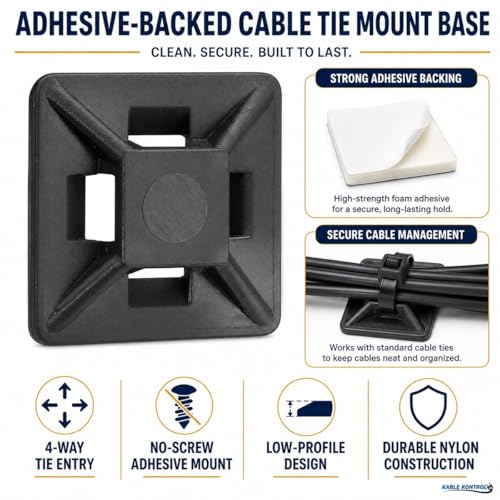 Kable Kontrol Zip Tie Mounts, 1/2” Sq, Black, 32,000 Pcs Bulk Pack, Adhesive Backed Multi-Purpose UV-Resistant Mounting Squares Nylon Cable Tie Wrap Anchor Pads for Cable Management - color: Black, size: 1/2" Inch Square - 32000 Pcs
