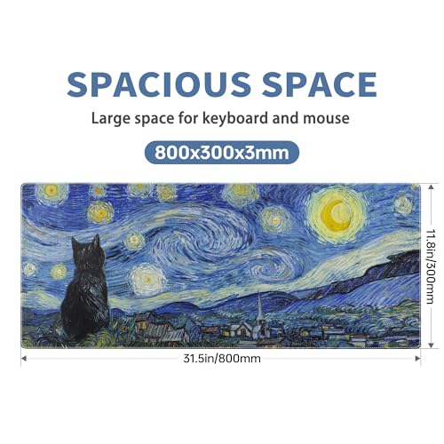 Starry Night Cat Gaming Mouse Pad Large Desk Mat Extended Keyboard Mouse Pad Anime Mousepad with Non-Slip Base and Stitched Edge Mouse Mat Desk Pad 31.5 x 11.8 Mouse Pads for Desk Home Office Gaming - color: Starry Night Cat