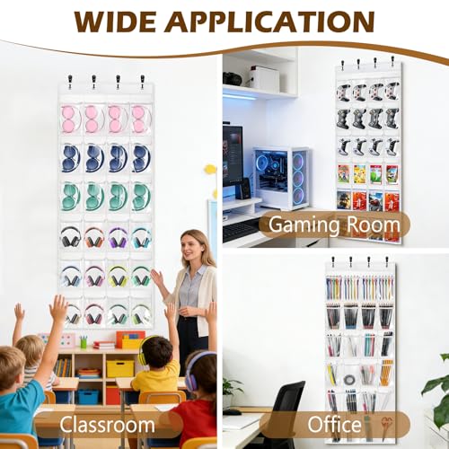 Headset & Controller Holder Wall Mount, 24 Pockets PVC Clear Storage Organizer Headphones/Controller/DVD Gaming Room Accessories, with 4 Hanging Door Hooks and 4 Wall Hooks