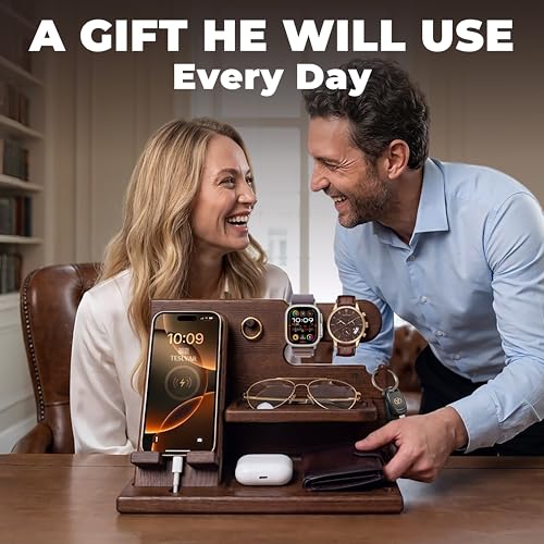 TESLYAR Wood Phone Docking Station for Men - Desk or Nightstand Organizer - Birthday Gifts for Husband, Dad - Anniversary Idea from Wife - Key Holder, Stand Wallet, Watch & Essentials (Bourbon Brown) - color: Bourbon Brown
