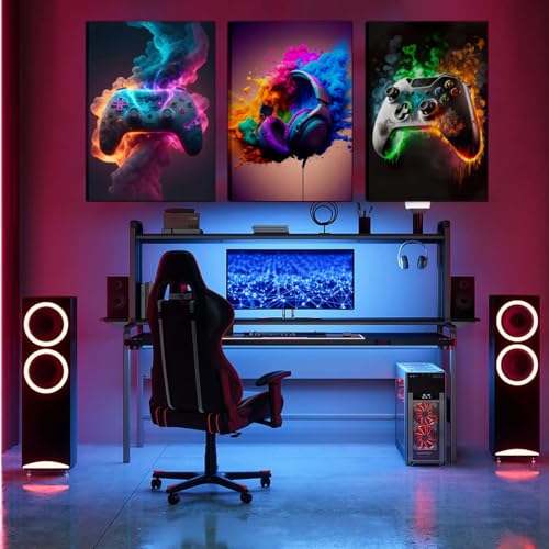 BGFCE Gaming Room Decor Canvas Wall Art Set of 3 - Cool Video Gaming Theme Wall Decor, Gamer Paintings Picture Print for Teen Boys Room 16x24 inch Framed - color: Colorful Splash Game Canvas, size: 24L" x 16W"