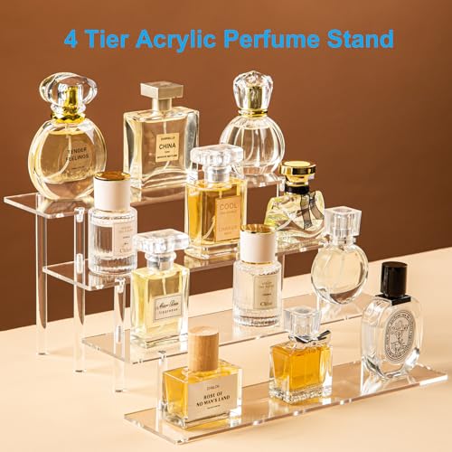 HENABLE 4 Tier Acrylic Perfume Organizer Stand, Clear Display Risers for Perfume, Cologne, Cosmetic, Skincare, Funko POP, Dessert Display, Cupcake Stand Holder - size: 4-Tier 11.6IN