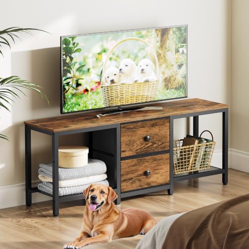 TV Stand for TVs up to 55", Entertainment Center with 2 Fabric Drawer | Media Console with Shelves, 2-Tier Media Console Table with Wooden Shelves, Television Stands for Living Room, Bedroom - color: Rustic Brown