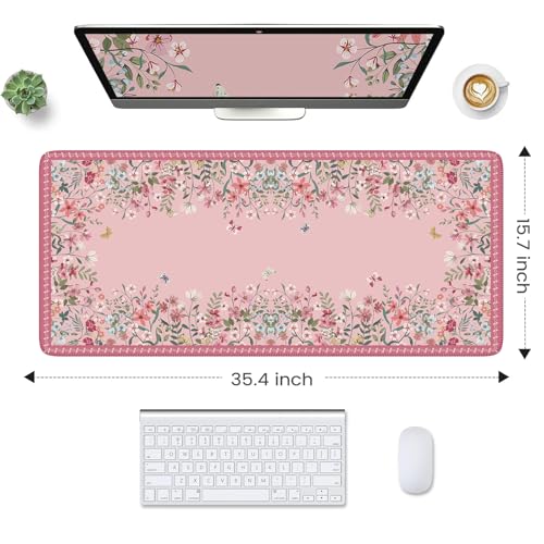 HAOCOO Rose Desk Pad Mat Floral, Cute Desk Matt for Desktop, Non-Slip Large Mouse Pad with Edge Stitching, Waterproof Keyboard Mat for Gaming, Office, Women Office Aesthetics - color: Dark Pink