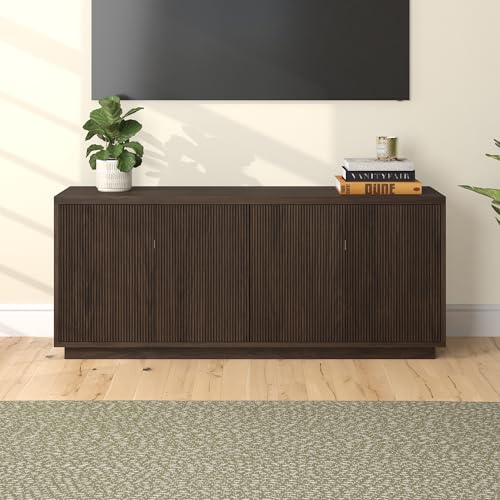 Henn&Hart Fluted TV Stand for TVs up to 65" with 2 Concealed Ribbed Storage Cabinets and Adjustable Shelves for Living Room, Family Room, or Office, Rich Brown - color: Rich Brown, size: 57" TV Stand