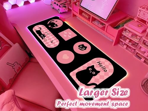JMIYAV Pink RGB Gaming Mouse Pad 31.5x12 Inch PC XL Large Extended Glowing Led Light Up Desk Pad Non-Slip Rubber Base Computer Cute Mousepad Mat Desk Accessories Gaming Setup Hello Cat - color: Hello Cat