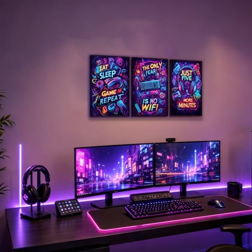 Yolbcdr Gaming Room Wall Decor Neon Video Game Quote Canvas Art Set of 3 Game Room Decor Funny Gamer Poster Playroom Artwork Picture Print for Boy Teen kids Bedroom 12x16in Unframed - color: Colorful, size: 12"x16" Poster