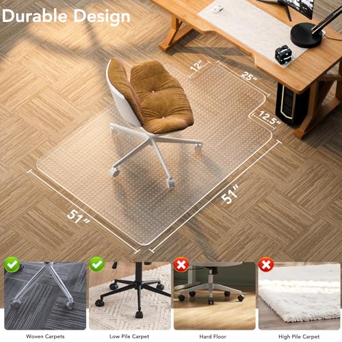 Office Chair Mat for Carpet with Lip, 51" x 63" Clear Plastic Heavy Duty Desk Floor Protector, Low Pile Carpet Saver Mat for Rolling Chairs, Smooth Glide Computer Chair Mat for Office or Home - size: 51"x63"