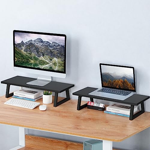 TEAMIX 24 inch Monitor Stand Riser, Black Wood & Steel Computer Monitor Stand with Storage, Laptop, PC, Printer Stand Riser for Desktop Office Desk Organizers - color: Black