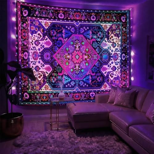 Apdidl Blackligt Boho Hippie Wall Tapestry for Bedroom Aesthetic, Glow in The Dark Neon Indian Bohemian Mandala Tapestries, UV Reactive Purple Floral Blanket Vertical Wall Hanging for Living Room 51" X 60" - color: Blacklight Boho tapestry, size: 60"L x 5