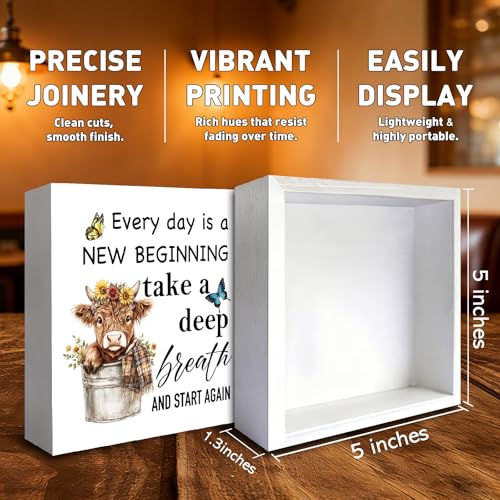 Highland Cow Decor for Bathroom Bedroom, Every day is a New Beginning Wooden Box Sign, Highland Cow Gifts for Cows Lovers Women Men - color: Highland Cow