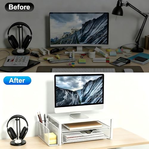 Spacrea Desk Organizer and Accessories, Computer Monitor Stand Riser with Drawer and 1 Open Pen Holder, Printer & Laptop Stand, Office Desk Accessories for Home Office Supplies (White) - color: White - Metal Drawer