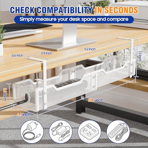 Upgraded 25.2'' Under Desk Cable Management Tray, No Drill Clamp-On Design Wire Organizer, Cable Organization Box for No Damage to Desk, Metal Cord Organizer for Home Office, White - color: White