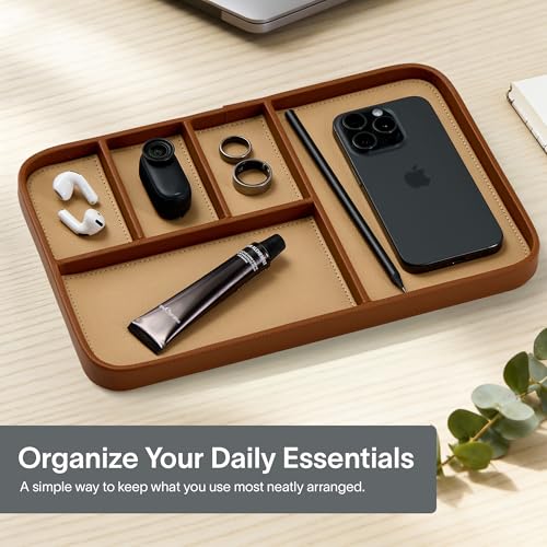 Nordik Leather Valet Tray - Sand Brown - 11.8x7.9 Inch Large Vegan Leather Tray - Stylish Nightstand Organizer for Men - Modern Bedside Caddy - EDC Catchall for Key Watch Wallet Jewellery - color: Sand Brown, size: 11.8in x 7.9in