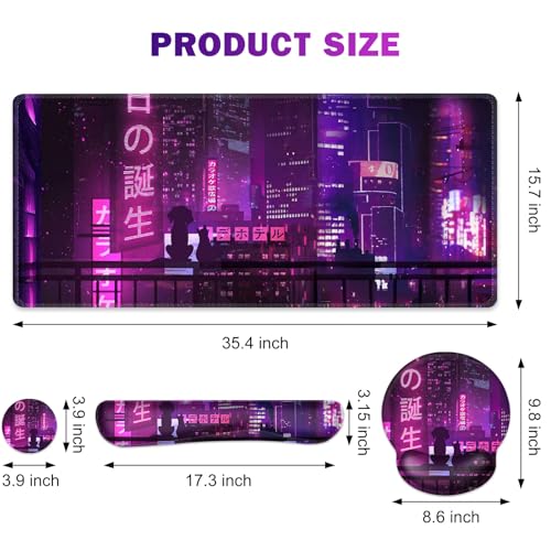 Gaming Mouse Pad, Large Desk Mat, Cute Desk Pad, 4in1 XXL Mousepad + Keyboard Wrist Rest+Mouse Wrist Rest+Coaster Set with Ergonomic Desk Pad for Home Office Table Computer, Purple Anime Neon - color: Purple Anime Neon