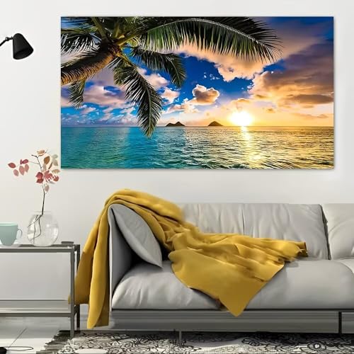 Palm Tree Sunrise Ocean View Vintage Rustic Canvas Wall Art - 12x24in Unframed Poster- Home & Office Decor for Living Room, Bedroom, Kitchen & Cafe - color: Palm Tree