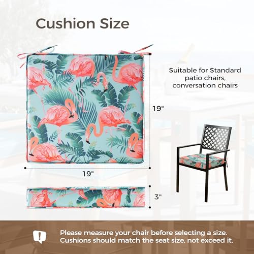 UNIKOME Outdoor Chair Cushions Set of 4, Water Resistant Patio Seat Cushions with Ties for Outdoor Furniture, High-Density Foam, UV & Fade Resistant, Piped Edge – 19" x 19" x 3", Flamingos - color: 09 Flamingos, size: 19" W X 19" D X 3" H