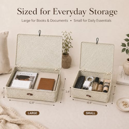 YANGQIHOME Set of 2 Seagrass Baskets with Lids, Rectangular Woven Storage Baskets, Natural Wicker Basket Boxes for Coffee Table, Shelf, Bathroom Counter & Closet Decor (Whitewashed, Set of 2) - color: Whitewashed, size: Set of 2