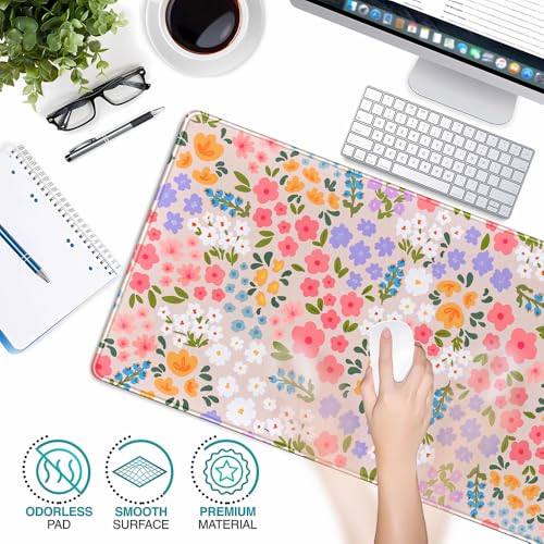 Floral Desk Mat Large Keyboard Pad, Pink Mouse Pad Women Girls Flowers Large Mouse Pad for Desk Pad Computer Floral Pad Desktop Mat for School Office Home 31.5" X 15.7" - color: Flower Blue Pink