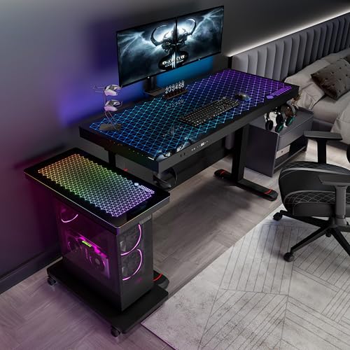EUREKA ERGONOMIC Height Adjustable Computer Tower Stand, Illuminated Glass Panel PC Stand w/RGB Lights, 2-Tier CPU Holder Cart Under Desk, PC Floor Stand for Office Gaming, APP Control - color: Mix Color Pro