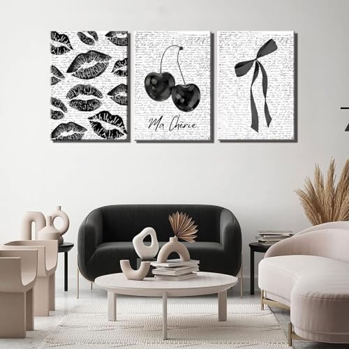3Pcs Framed Vintage Funky Black White Lips And Cherry Canvas Wall Art | Girl Fashion Aesthetic Bow Wall Decor Ma Cherie Dark Coquette Posters Prints for Preppy Apartment Girl Room12x16in framed - color: canvas, size: 12x16inx3pcs