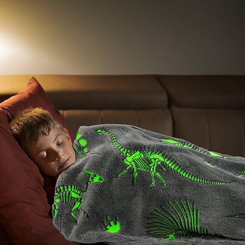 Glow in The Dark Blanket Dinosaur Throw Blanket for Boys Kids Soft Warm Cozy Cute Dino Blanket Unique Dinosaurs Toys Gifts Gray Glowing Dinosaur Room Decor Blankets for Girls Teens 50"x60" - color: Fluorescent Dinosaur, size: Throw Size 50" x 60"(130 x 15
