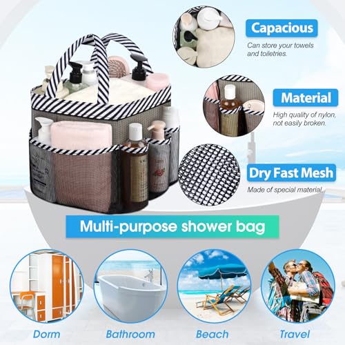 Attmu Mesh Shower Caddy Portable for College Dorm Room Camping Essentials, Shower Caddy Dorm with 9-Pockets, Large Capacity Hanging Basket Bathroom Bag for Toiletry, Swimming, Gym, Camp, Beach - color: White Black