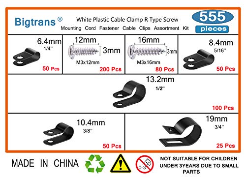 Bigtrans 555 Pcs Nylon Plastic R-Type Wire Clips with Screws 1/4" 5/16" 3/8" 1/2" 3/4" Clamps Fasteners Assortment for Cable Conduit -5 Size -Black - color: Black, size: 555 Pack Clips with Screws