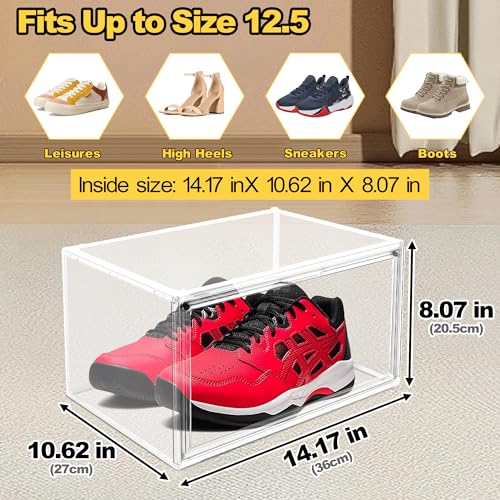 Clear Shoe Boxes Plastic Stackable Shoe Cabinet with Acrylic Magnetic Lids Drop Side Sneaker Display Case for Closet, Entryway, Fits Men's or Women's Shoes up to Size 12.5 (14.17''x10.62''x8.07'') - color: Clear, size: Medium-Large