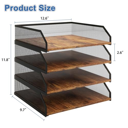 Natwind 4-Tier Stackable Metal Mesh Paper Organizer with Sliding Tray,Retro | Wooden Desk Organizer, Letter Tray For Desktop,File Holder For Home Office School Classroom Organization - size: 4 Tier