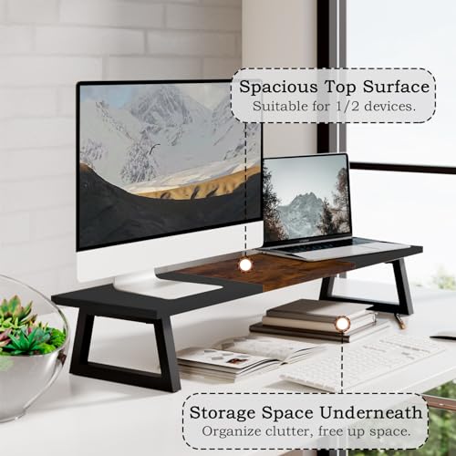 TEAMIX 31.5 inch Dual Monitor Riser, Long Monitor Stand Riser Wide TV Stand Riser Monitor Stand for 2 Monitors Wood & Steel Desktop Riser Desk Organization Home Office, Black+Brown - color: Black+Brown