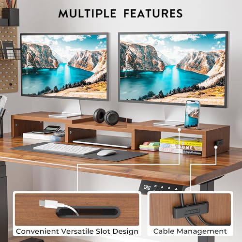 BONTEC Dual Monitor Stand Riser with Smartphone Holder, Adjustable Length & Swivel Angle, Ergonomic Wooden Desktop Organizer for PC Monitor, Laptop, Printer, Large Storage, Walnut - color: Walnut