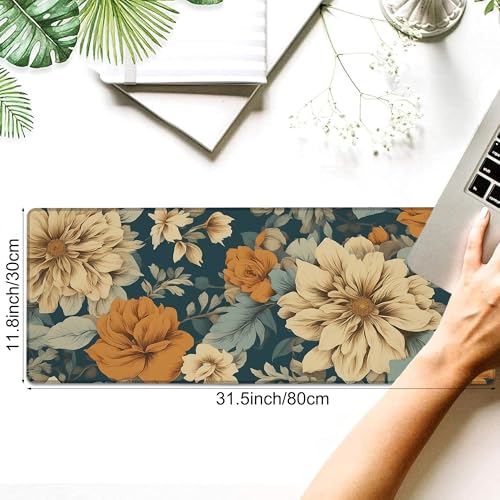 Desk Pad, Vintage Aesthetic Flower XL Gaming Mouse Pad with Stitched Edges,Non-Slip Waterproof Rubber Base Large Desk Mat for Keyboard and Mouse 31.5"x11.8" - color: Colour1, size: X-Large