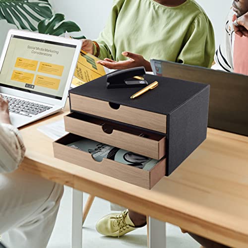 Fashion Multicolor Collocation Leather Desk Organizer File Cabinet Executive Office Supplies Desktop Filing A4 Contract Document Stackable Storage Box with 3 Drawers (Black) - color: Black