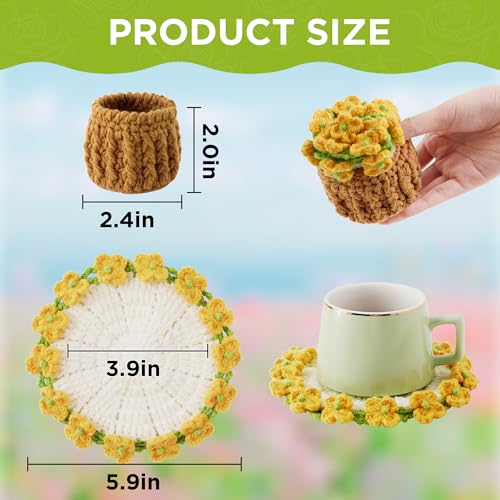 Flower Crochet Coasters, Handmade Bouquet Blanket Coaster with Crochet Plant Pot Fun Soft Decorative Drink Coasters for Coffee Tabletop Protection and Home Decor (Yellow and Green, 1Pc) - color: Yellow and Green, size: 1Pc