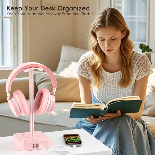 Pink Headphone Stand with USB Charger, Gaming Headset Holder with 3 USB Ports & 2 AC Outlets, PD Fast Charging & QC3.0, Desk Organizer for Girls, Gifts for Her,Girlfriend,Teen, Pink Gaming Accessories - color: Pink 3.0 & PD