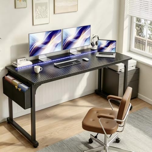 DurayLoly 63" Gaming Desk with LED Lights,Computer Desk with Storage Bag for Home Office, Long Desk with Headphone Hook for Study Writing Work Wood Desk,Sturdy Metal Frame,Bedroom,Black - color: Black, size: 63 Inch