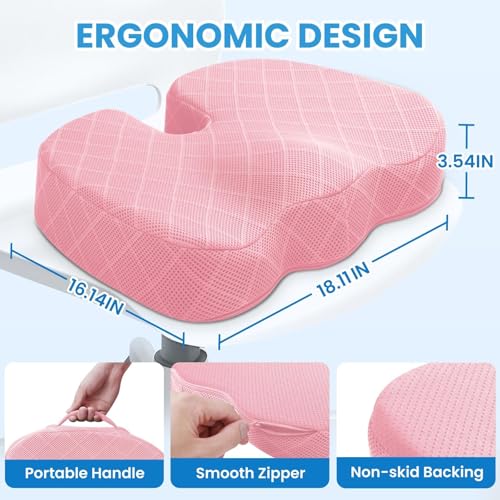 TushGuard Office/Car Seat Cushion, Non-Slip Sciatica & Back Coccyx Tailbone Pain Relief Chair Pad, Memory Foam Butt Pillow for Computer Desk, Wheelchair, Driving (Pink, X-Large) - color: Pink, size: X-Large