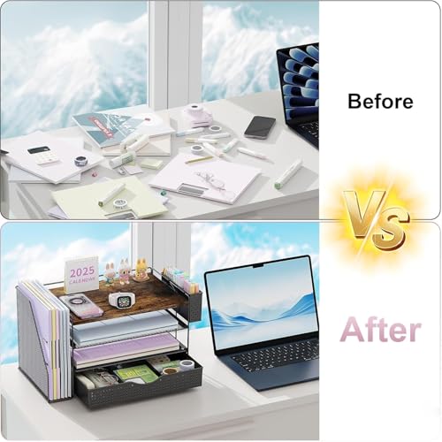 gianotter Wood Desk Organizers and Accessories with File Sorters, 4-Tier Desk Accessories & Workspace Organizers with Drawer and Pen Holder, Desk Reference Organizer (Wood, 4T with Drawer) - color: Wood, size: 4T with Drawer