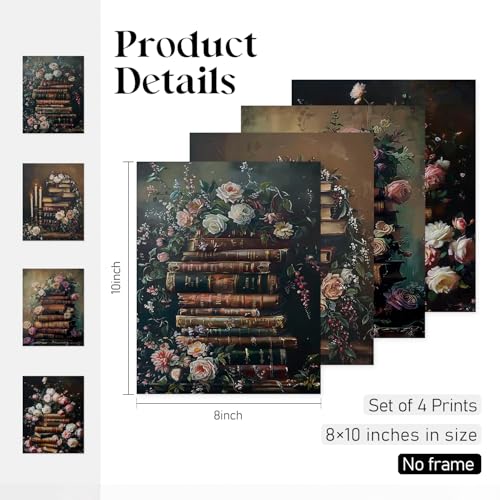 Locomiss Vintage Floral Books Wall Art Decor Posters, Dark Cottagecore Flower Books Wall Decor, Reader Gift, Vintage Moody Art Prints for Bathroom Farmhouse, Set of 4 (8x10 Unframed) - color: dark, size: 8x10 Inches