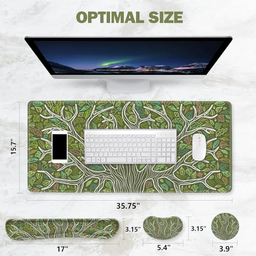 ToLuLu Desk Mat, Gaming Mouse Pad Wrist Support 4 in1 Set, XXL Large Mouse Pad + Keyboard Wrist Rest + Memory Foam Cushion Mouse Wrist Rest for Pain Relieve + Coaster Table Computer PC, Green Leaves - color: Green Leaves