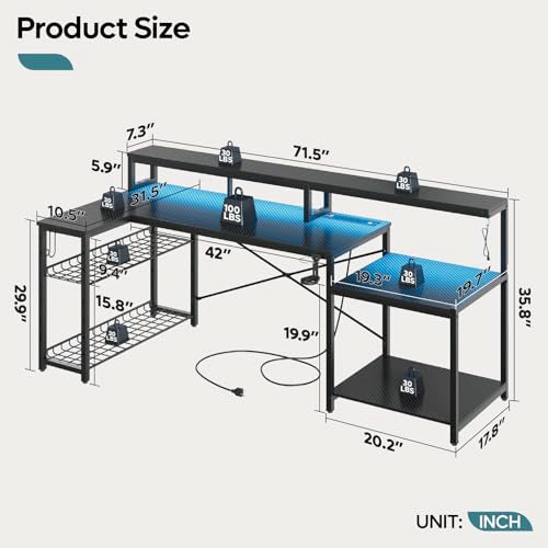 Bestier LED Gaming Desk with Power Outlets, 71 inch L Shaped Computer Desk with Monitor Stand, Large Desk with Printer Stand Adjustable Shelf, Cup Holder & Hooks, Home Office Desk Black | Carbon Fiber Desktop, 20 Static 22 Dynamic RGB Modes, Storage Rack,