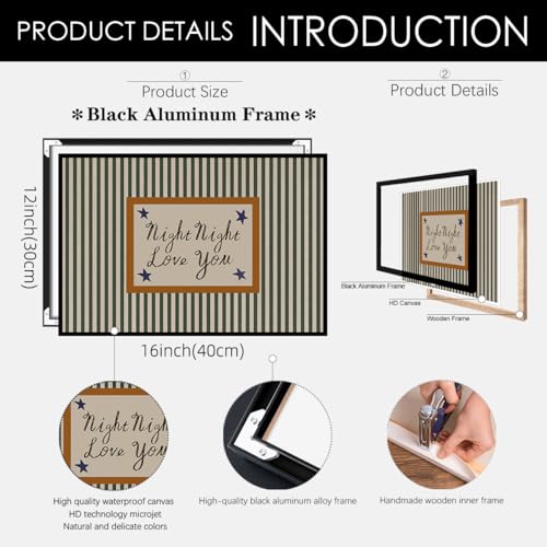 Green Vintage Stripe Canvas Posters Night Night Love You Quotes Wall Art 12x16 inch Black Framed Minimalist Cozy Aesthetic Prints Modern Mid Century Wall Decor - color: Stripe-5, size: 16"L x 12"W, style: Framed