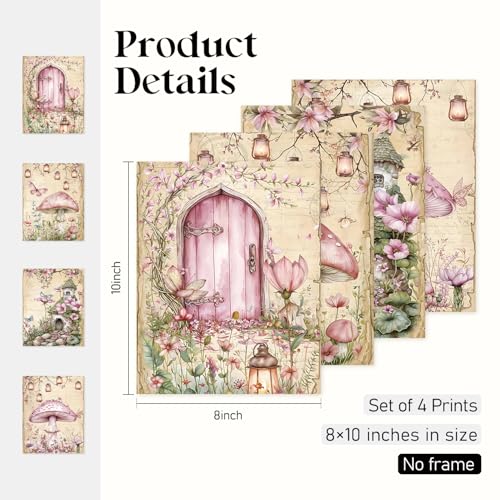 Locomiss Pink Fairy Enchanted Forest Mushroom Wall Art Decor, Fantastic Cottagecore Floral Mushroom Fairy Garden Cabin Pink and Green Prints Posters for Girls Room Wall Decor, Set of 4 (8x10 Unframed) - color: forest, size: 8x10 Inches