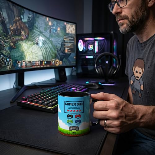 Personalized Gamer Dad Mug - Custom Retro Arcade Video Game Coffee Cup with Kids Names - Unique Gifts for Gamer Dad, Gifts for Father's Day, Player 1 Birthday Present, 11 Oz & 15 Oz, 9 Colors - color: Gamer Dad Mug