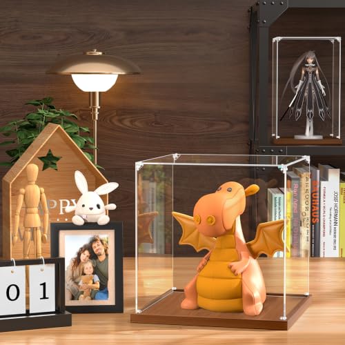 JUJOMAT Acrylic Display Case for Collectibles Clear Acrylic Display Box for Lego Action Figures Doll Hobby, Dustproof Stackable Storage Case, Assembly Required, Walnut Base (8 x 8 x 12 inches) - color: Walnut, size: 8 x 8 x 12 inches